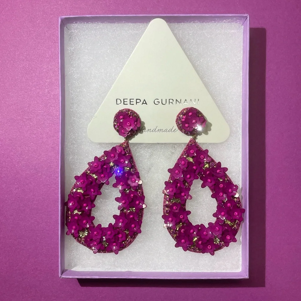 NWT Deepa Gurnani Anthropolgie Beaded Crystal Flower Statement Earrings - Picture 11 of 12